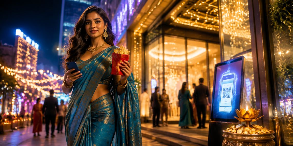 Indian woman receiving casino bonus on mobile during festival